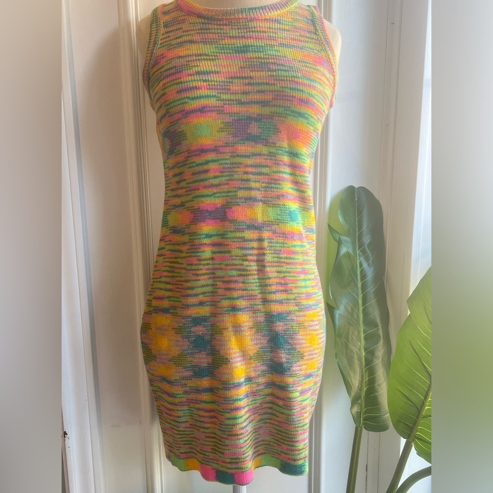 Women's Geometric Knit Bodycon Mini Dress Sleeveless Multicolor Size S Y2K